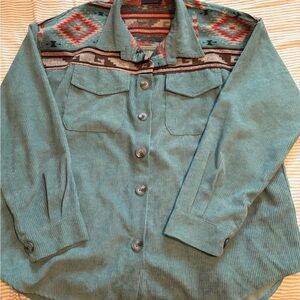 Hudson Gray Western Boutique Teal Corduroy Button-Up Shirt with Patterned Yoke